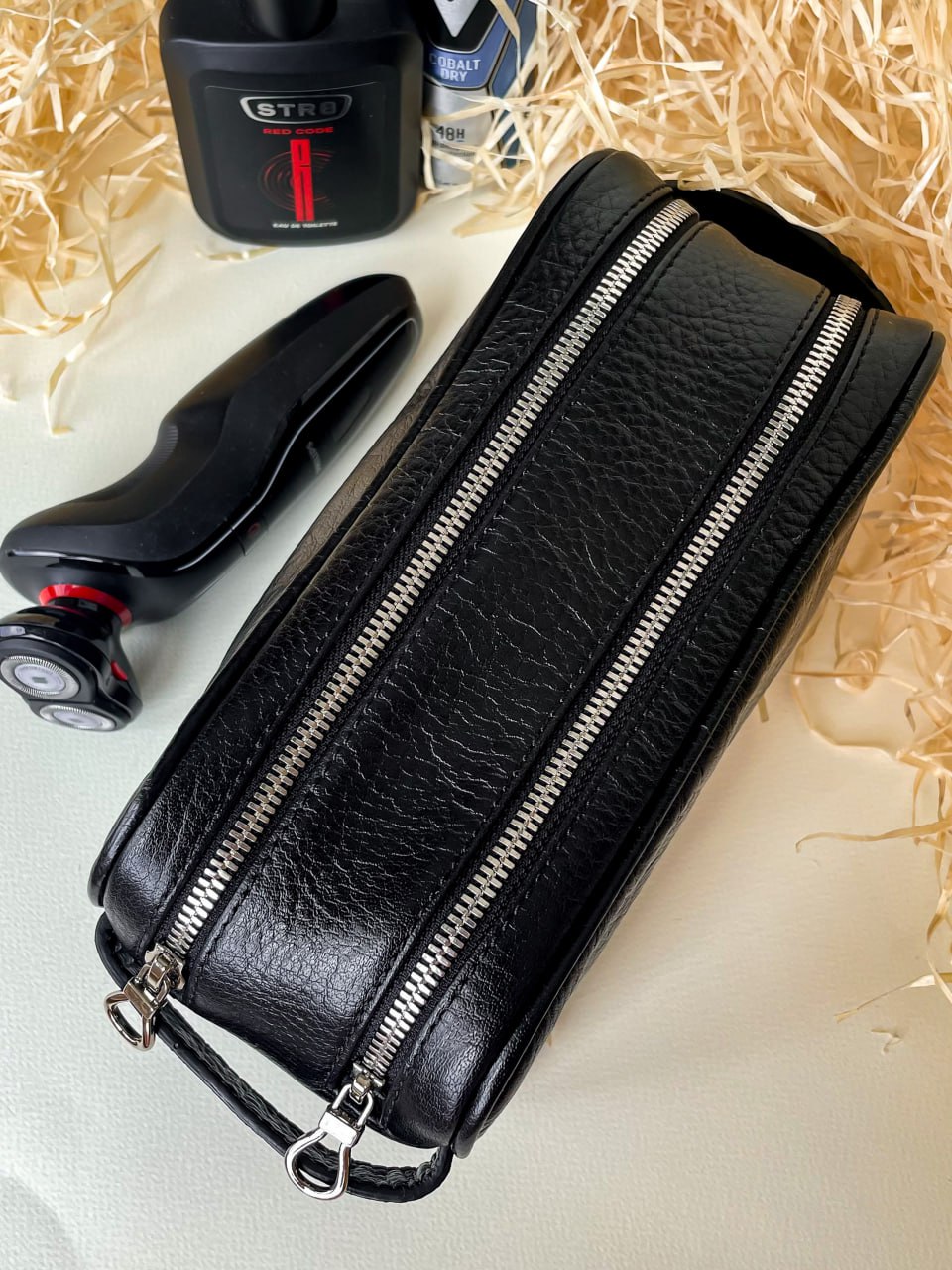 2 compartment black Italian leather men's organizer