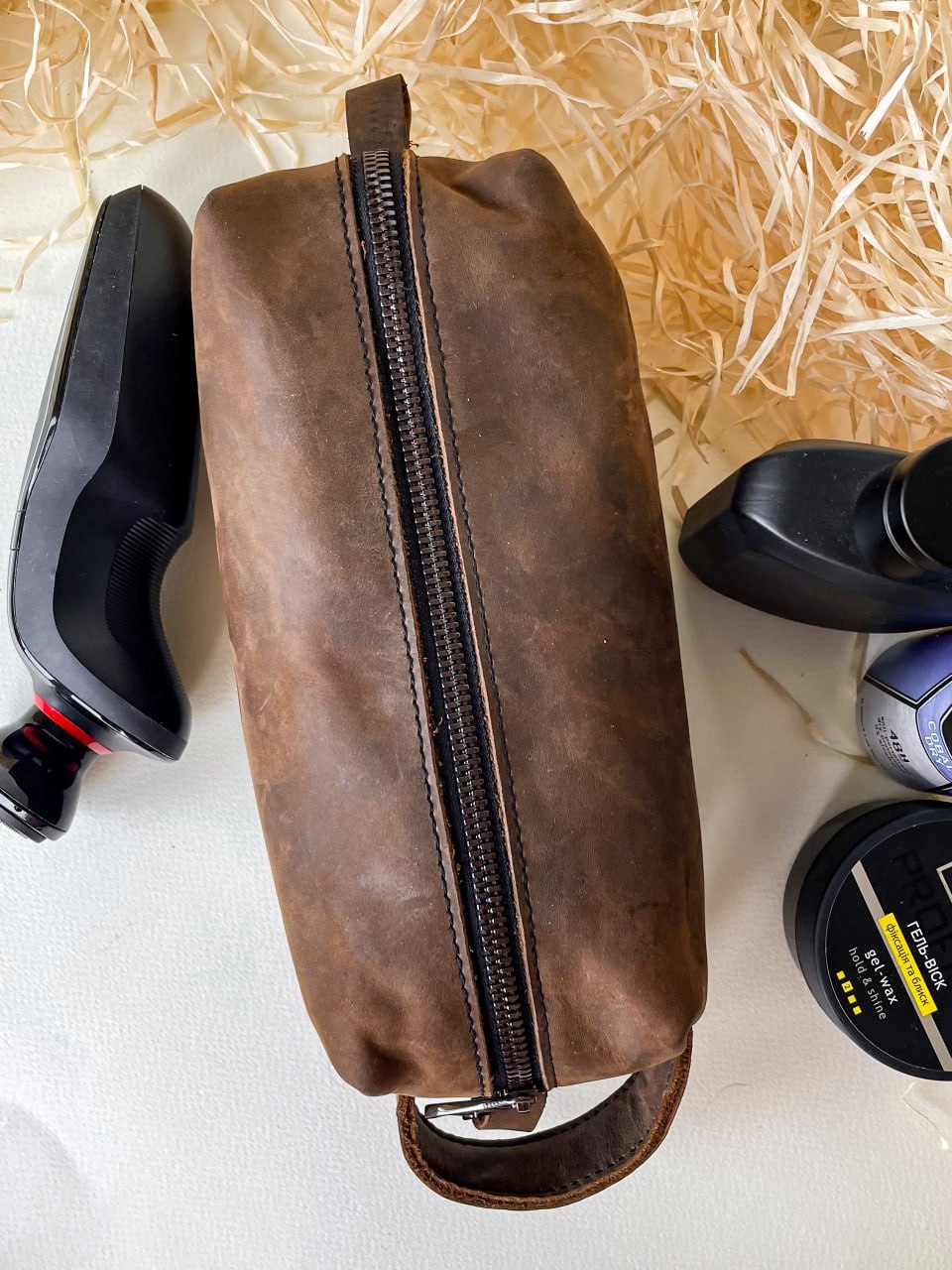 brown leather pouch for cosmetics